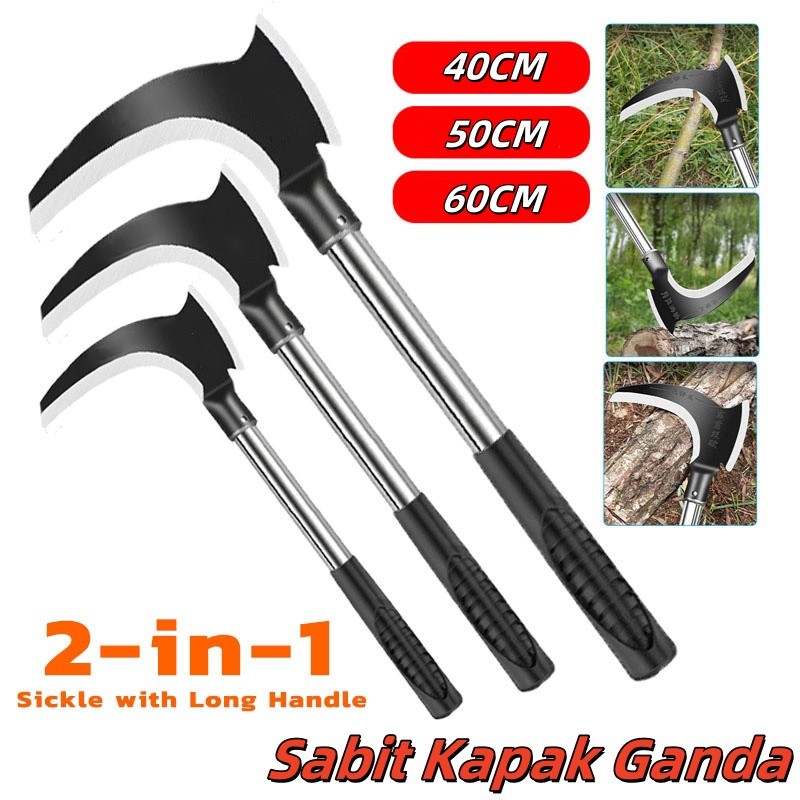 Sabit Kapak Ganda Sabit rumput multifungsi & arit baja asli untuk pemotong ranting pohon, alat panen padi, dan potong rumput (40/50/60CM)