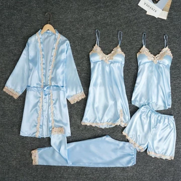 Pajamas Silk 5in1 Seserahan Set Sexy Kimono Renda Baju Tidur Impor 1 Set 5Pcs Satin Premium