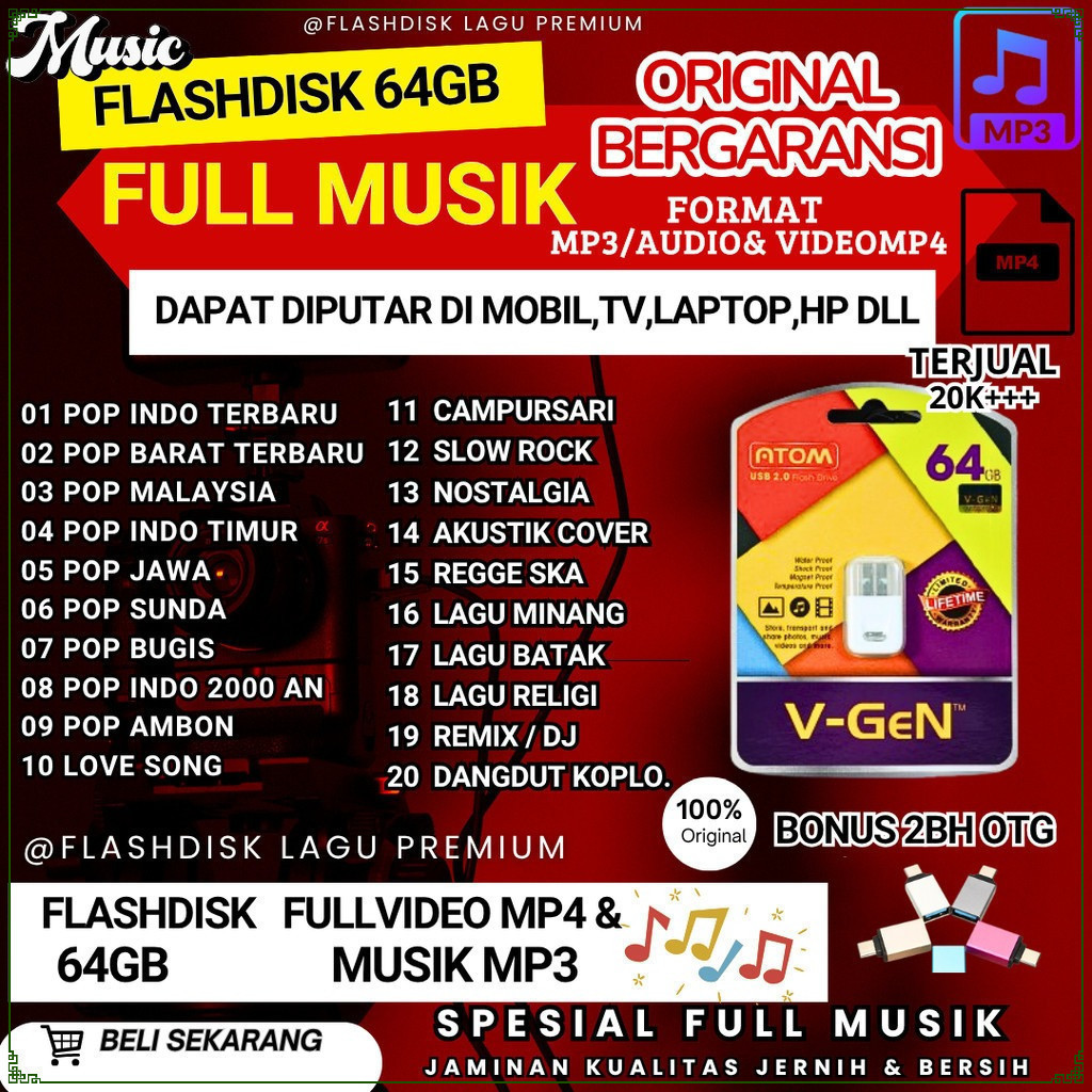 Jual FLASH DISK LAGU TERBARU 2025 FULL 64GB LAGU V-gen MP3 & MP4