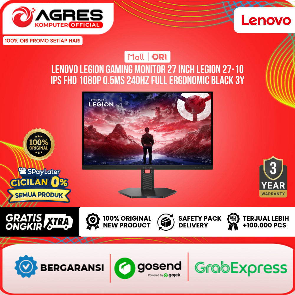 LENOVO LEGION GAMING MONITOR 27 INCH LEGION 27-10 IPS FHD 1080P 0.5MS 240HZ FULL ERGONOMIC BLACK 3Y