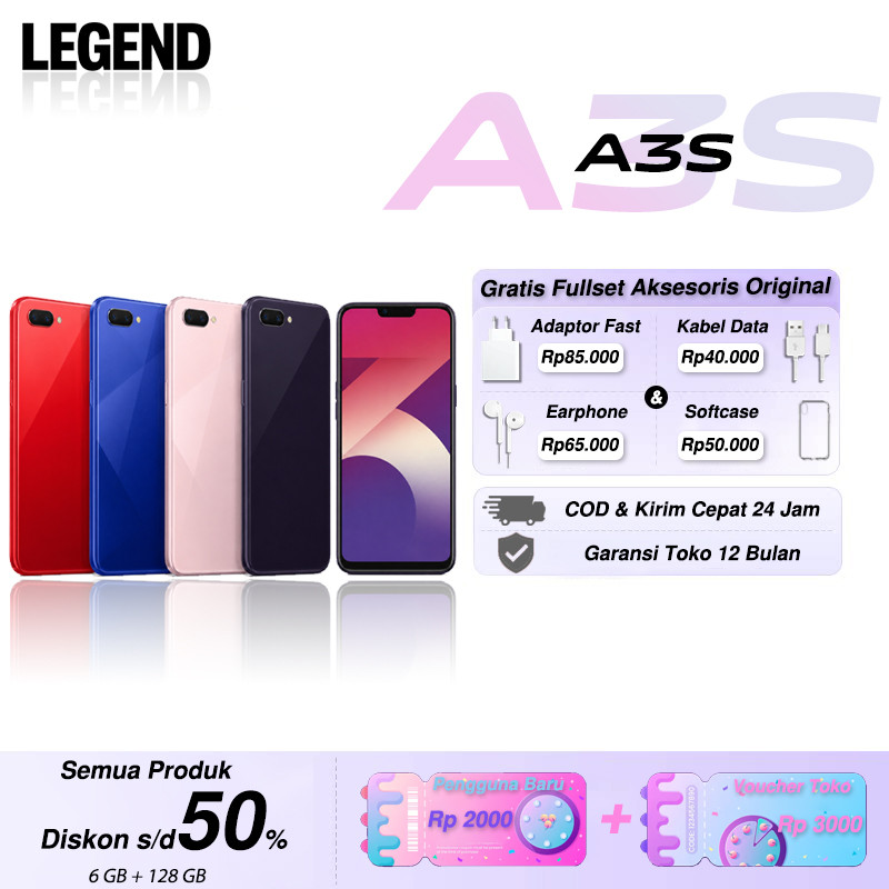 OPPO A3S RAM 6GB ROM 128GB 4G LTE 6.2 Inch Dual SIM HP Android Fullset Original Garansi 1 Tahun