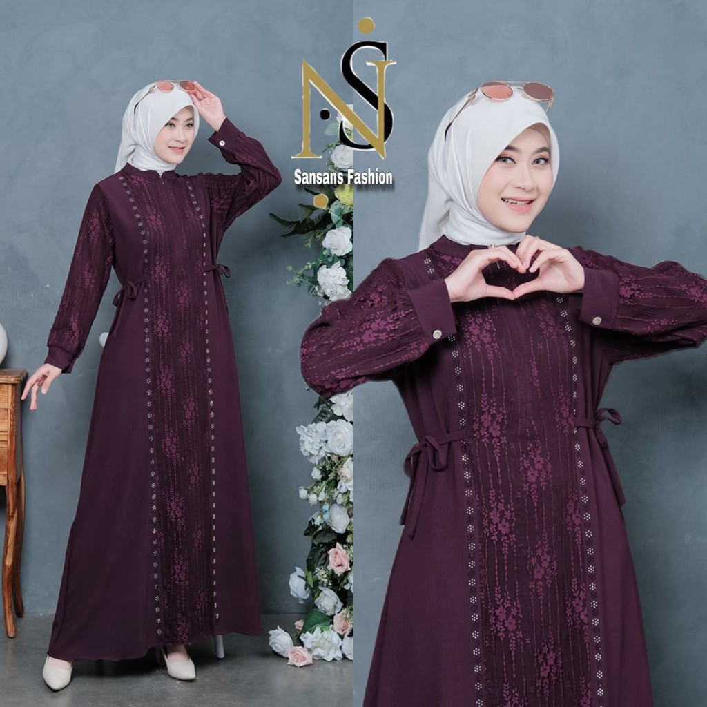 Azizah Abaya Gamis Brukat Depan Belakang Manik Swarovsky Lengan Kancing Mewah