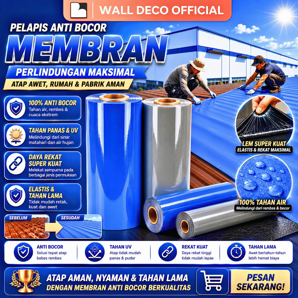 Waterproofing Membrane Lakban Anti Bocor 5 Meter - Tahan Air, Tahan Suhu, Mudah Dipasang Pelapis Atap Beton WD2