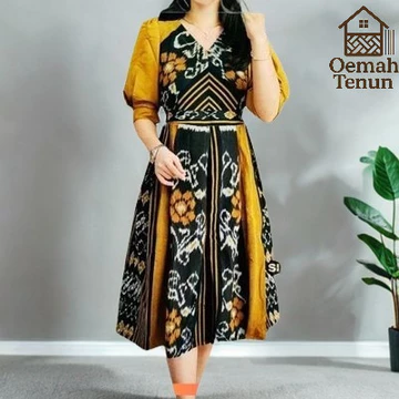 Baju Tenun Dress Tenun Premium Wanita Elegan Setelan Wanita Midi Acara Natal Formal