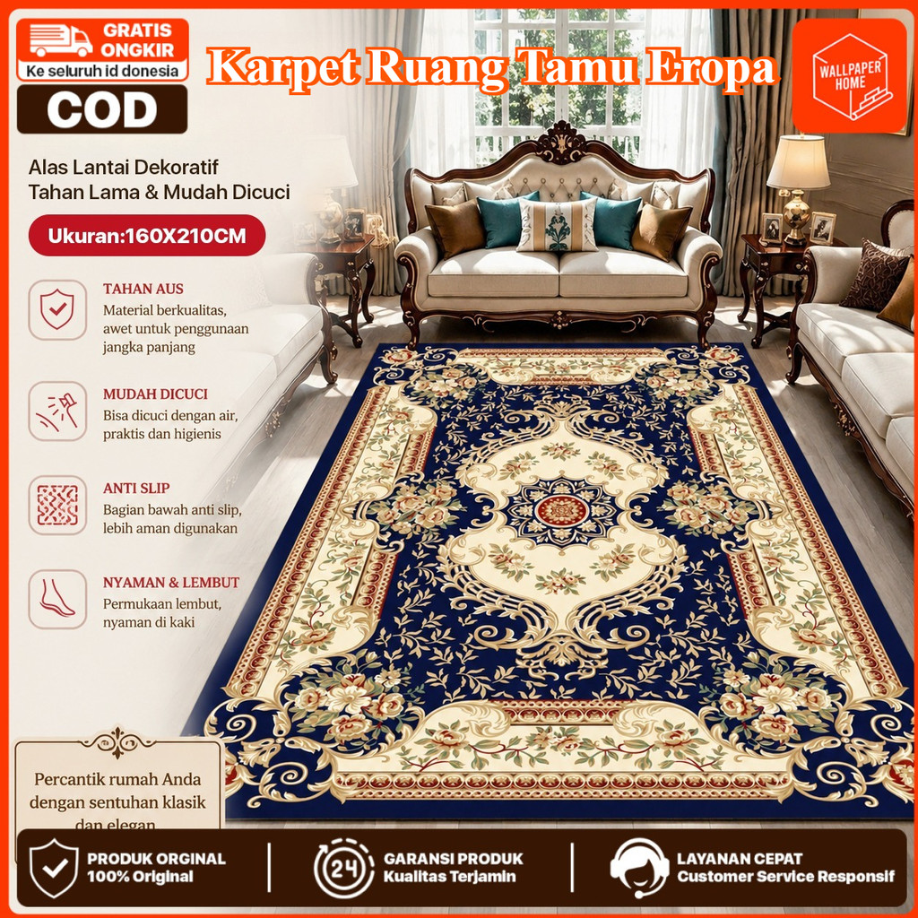 WALLPAPER HOME - Karpet Turki Ukuran 160*210 Karpet Poliester Anti-Selip Premium untuk Ruang Tamu Eropa