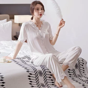 2026 Warna Solid Warna Solid Lacy Piyama Set Longgar Premium Satin Santai Pakaan