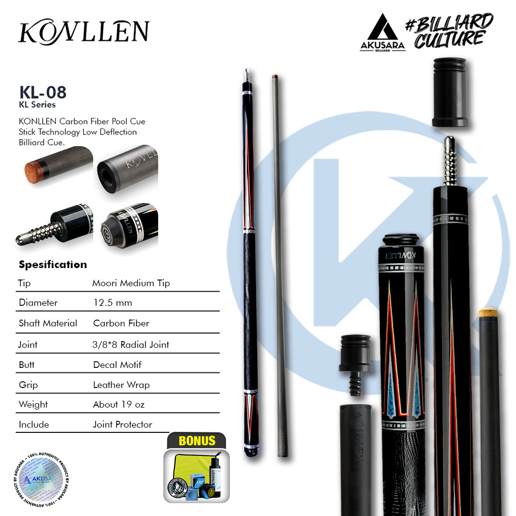 Jual Konllen KL-08F 12.5mm Carbon Fiber Cue Stick Billiard