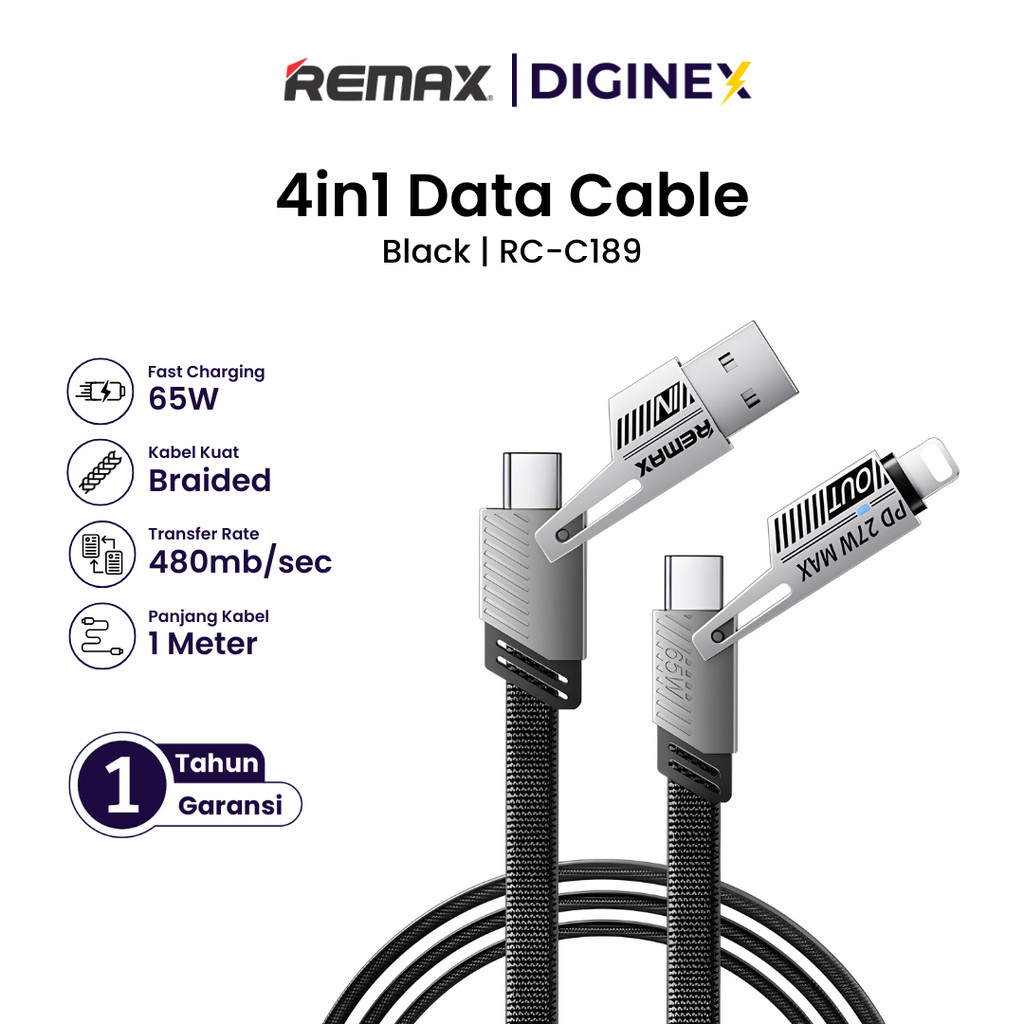 Jual Remax USB Lightning Cable RC-C189 65W with Extension USB-C & USB-C ...