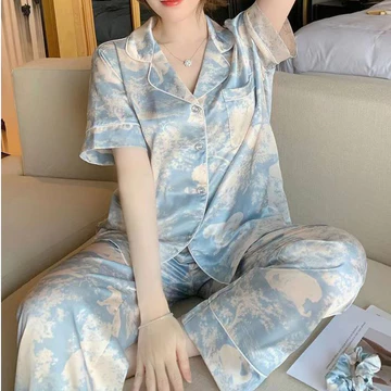 Set Piyama Lengan Pendek Wanita Satin Tie Dye Gaya Korea Kelas Atas