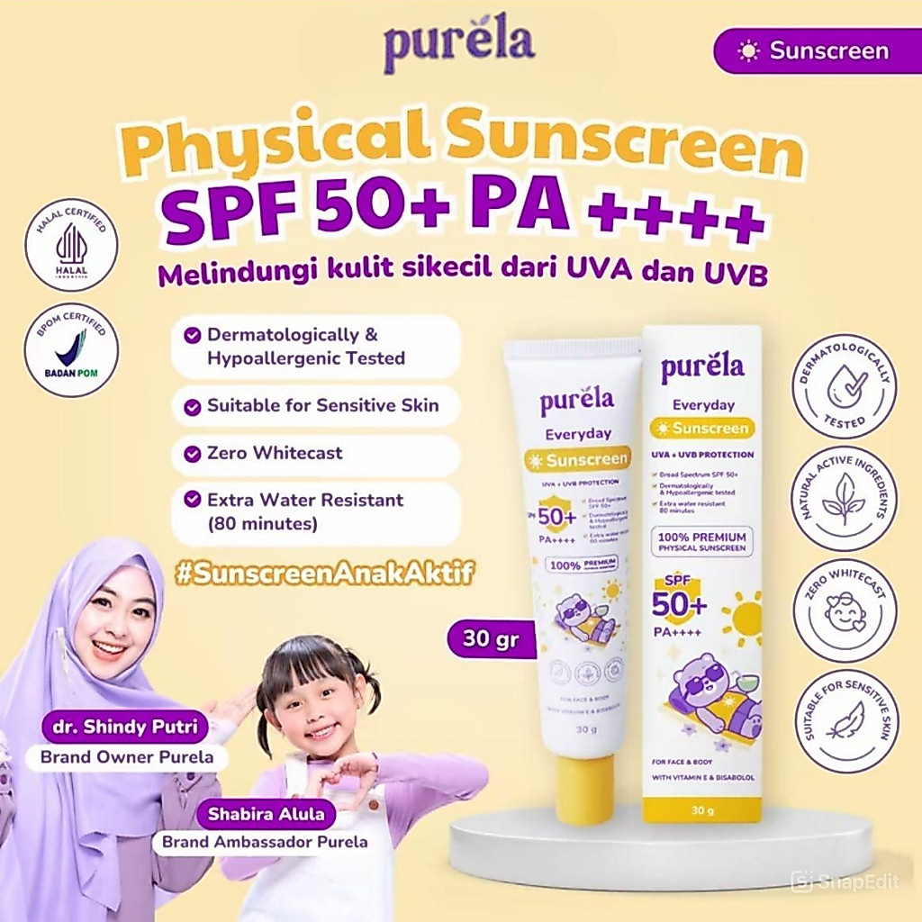 Jual Purela Physical Sunscreen SPF 50+ PA+++++ 30 gr Water Resistant ...