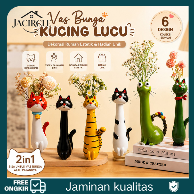 JACIRCLE Dekorasi Vas Kucing Lucu Estetik | Vas Bunga Mini Keramik Pajangan Meja Dekorasi Rumah Kantor Hadiah Unik
