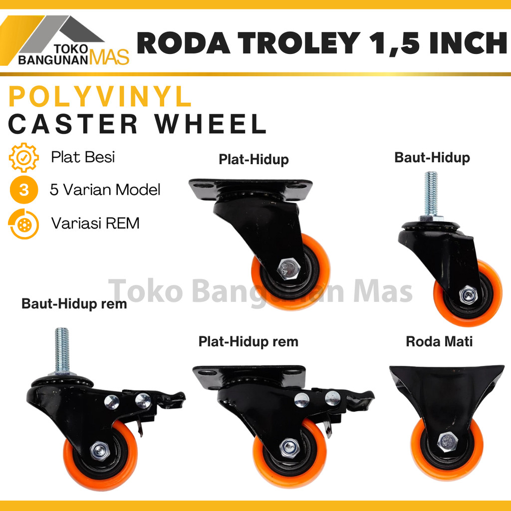 Jual Roda Troli 1,5 inch Roda Pu Caster 1,5 inch ORANGE Roda Caster ...