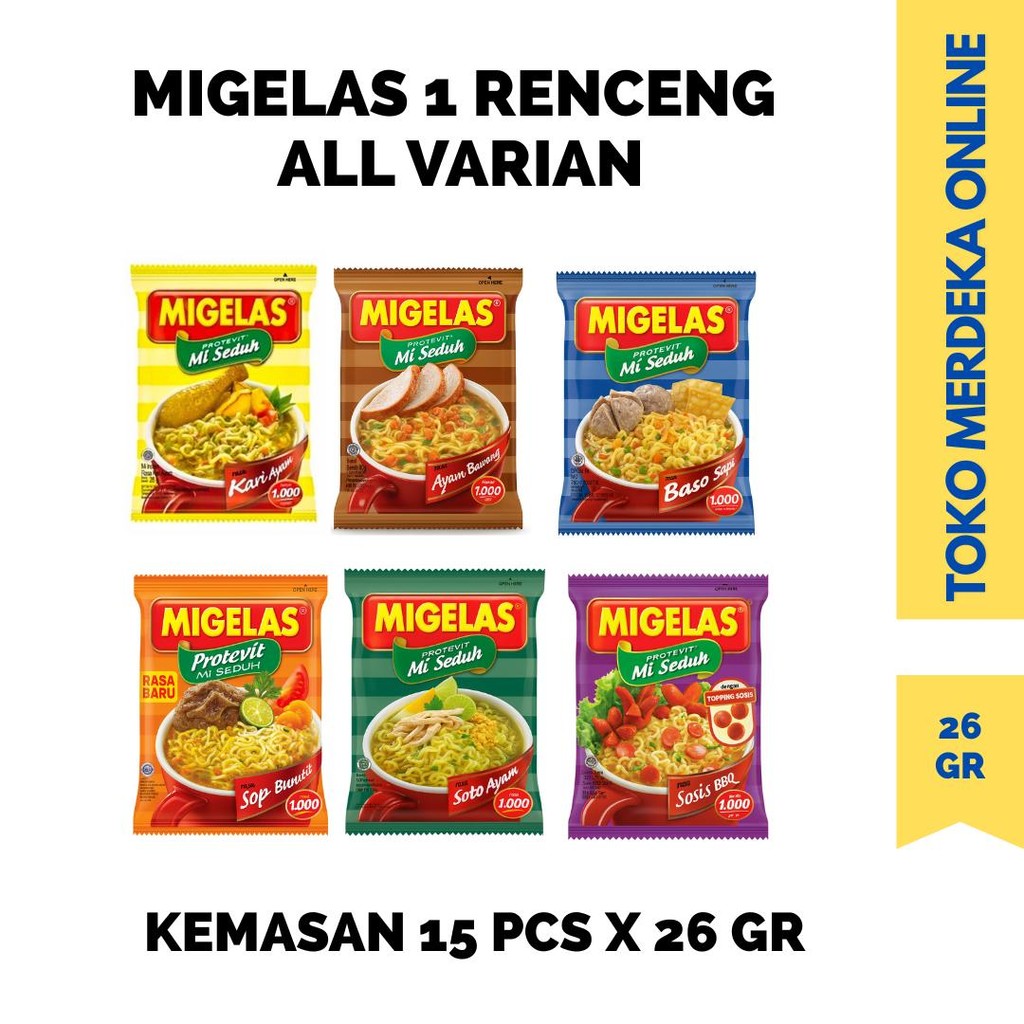 Jual (15 PCS) MIGELAS 1 RENCENG 26 GR ALL VARIAN MI SEDUH INSTAN AYAM ...