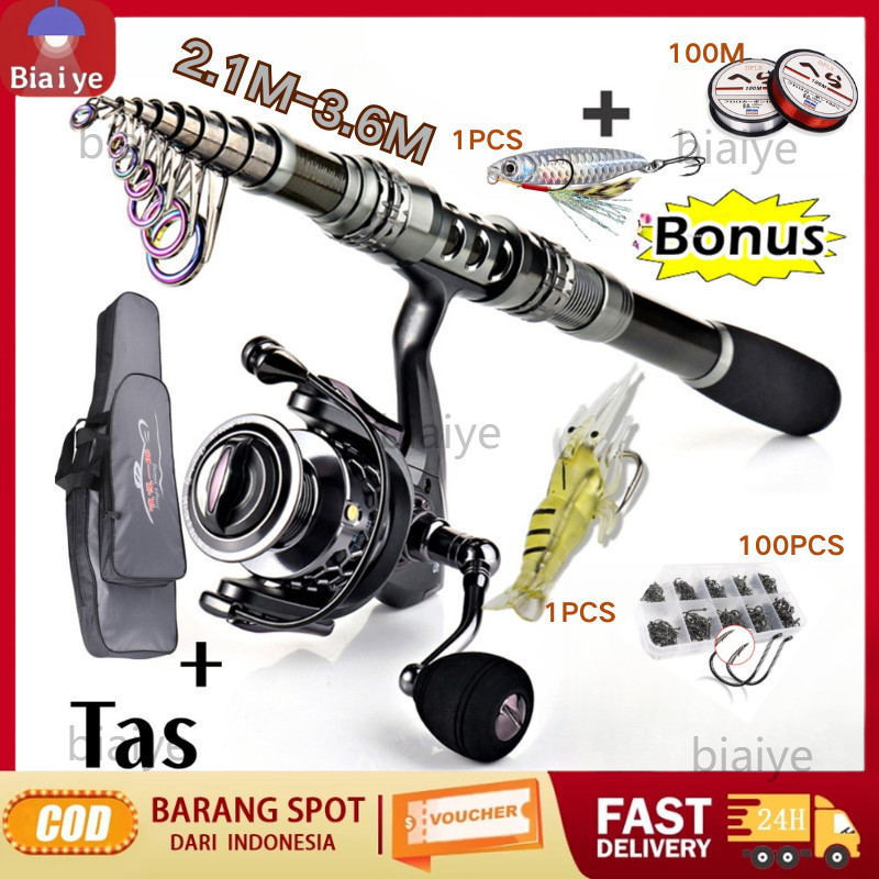 Joran Pancing Set 2.1m-3.6m Telescopic Fishing Rod 6-7 Sections Carbon Fiber Fishing Rod Spinning Fishing Reel Set Setelan Pancing