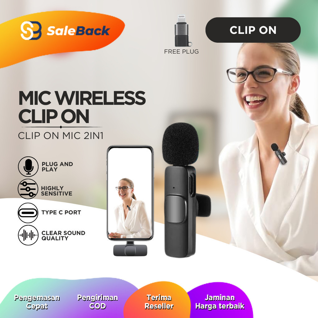 Jual Mic Wireless Clip on 1 Mic Hd Audio Record Noice Reduction type C ...