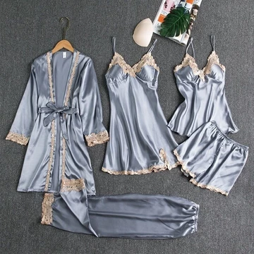 Pajamas Silk 5in1 Seserahan Set Sexy Kimono Renda Baju Tidur Impor 1 Set 5Pcs Satin Premium