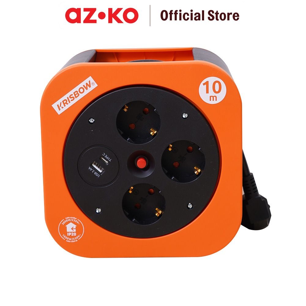 Jual AZKO Krisbow 10 mtr Kabel Roll 3 Socket Dengan Usb & Type C ...