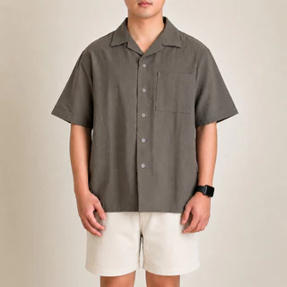 Bowling Boxy Oversized Linen Shirt  | Kemeja Linen Bowling Polos Pria Kerah Terbuka Lengan Pendek |