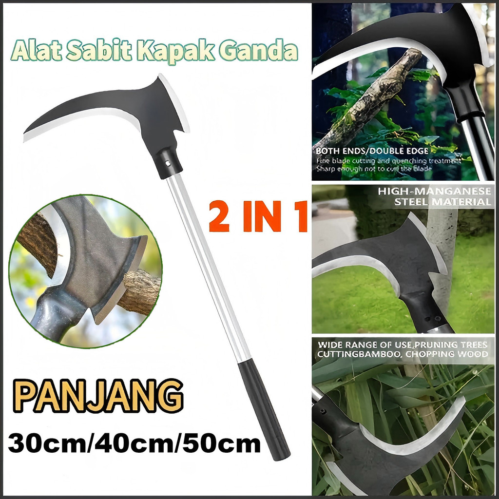 Ukuran besar Alat Sabit Kapak Ganda Baja/Sabit Ranting Pohon/ Sabit Rumput/ Padi Pembelah Bambu Pemangkas ganda kapak kayu rumput multifungsi Arit Rumput Baja Asli Sabit Kapak Ganda Alat Pemotong Ranting Pohon Alat Panen Padi Potong Rumput