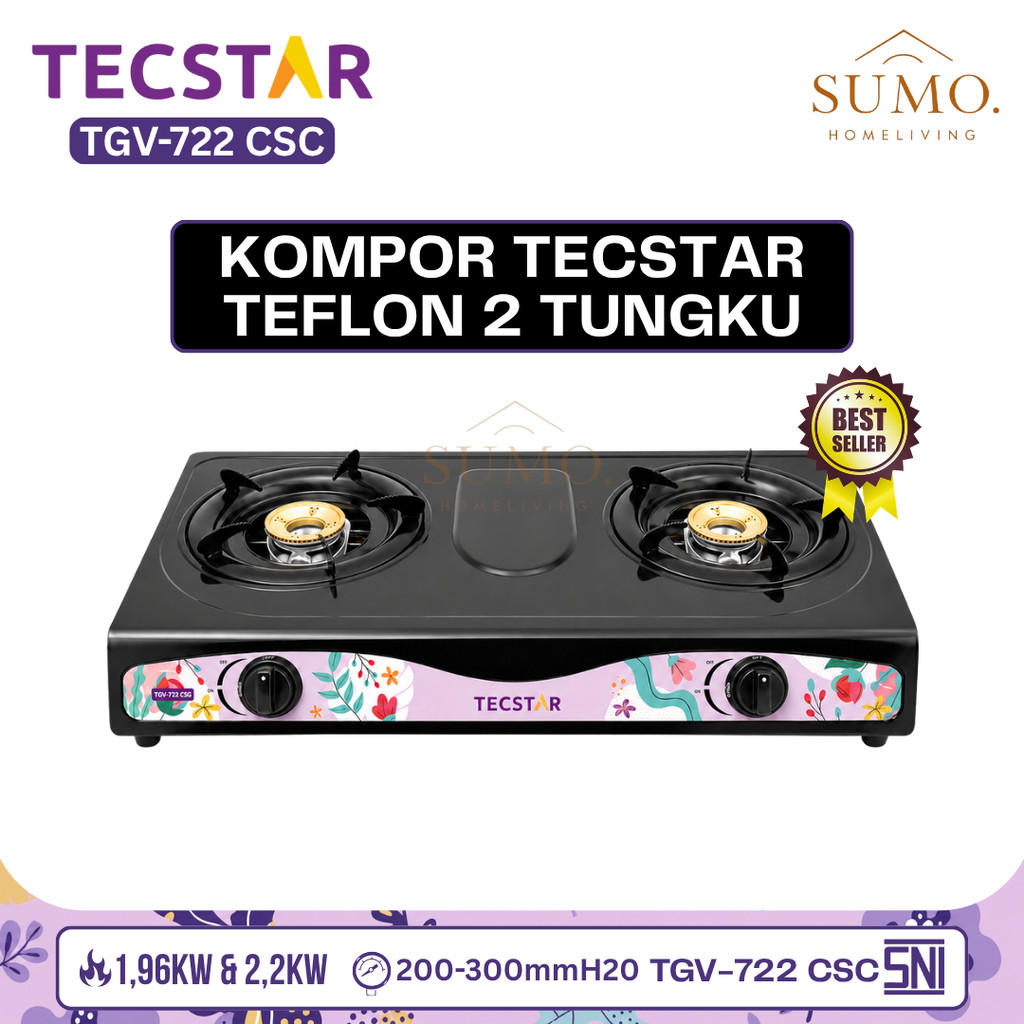 TECSTAR Kompor Gas 2 Tungku Teflon TG-688CSA/Kompor Gas 2 Tungku TECSTAR Ceflon Anti Karat,SNI