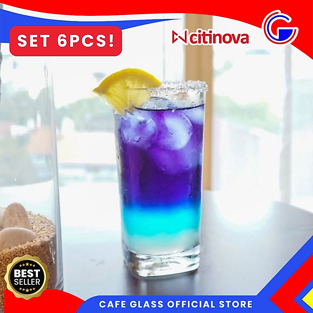 Gelas Kaca Aesthetic Set 6pcs - Gelas Cafe Hokkaido Citinova - Gelas Mojito Bentuk Kotak