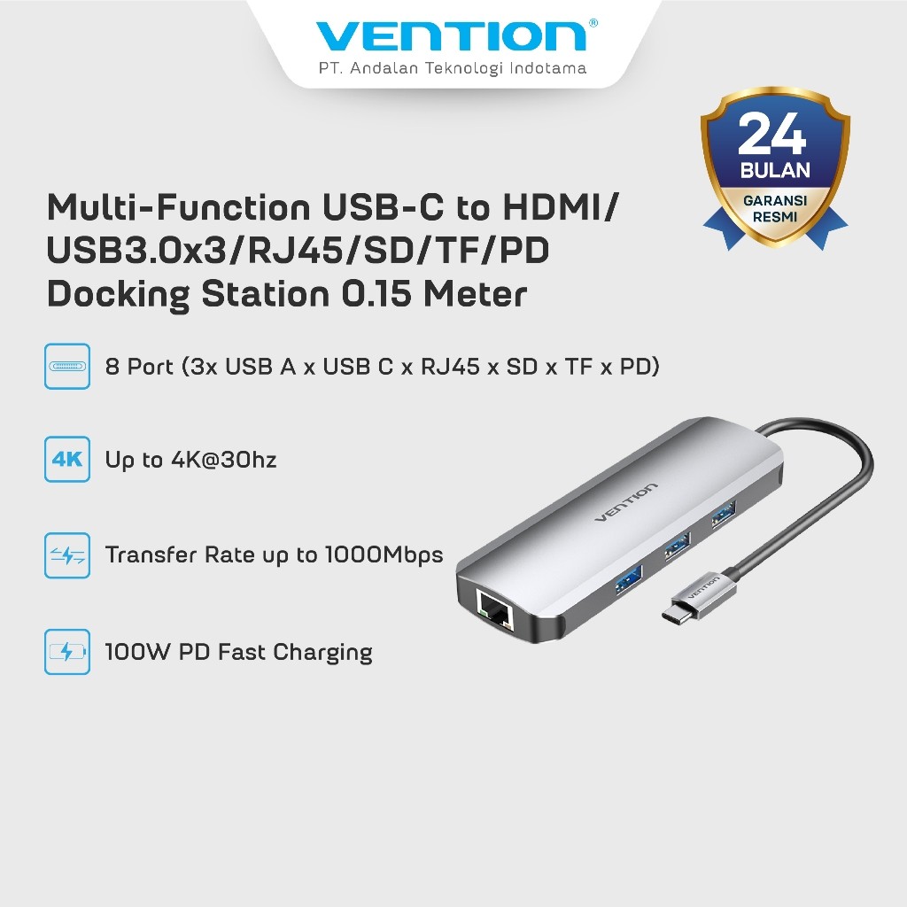Jual Vention Multi function Hub Adapter USB C to HDMI 8in 1 Docking ...