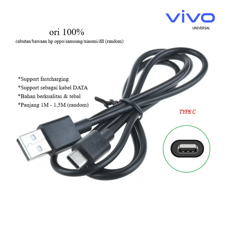 Jual ori 100% (hitam) usb type C kabel charger vivo Y39 (V2443/PD2444F ...
