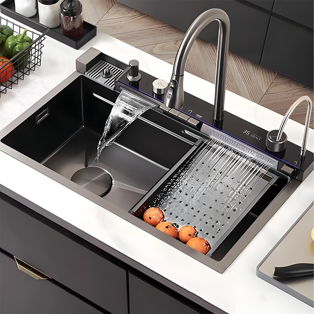 COHI - Stainless Steel Kitchen Sink Modern Kitchen Sink Paket Kitchen Sink Black/Perak Bak Cuci Piring Stainless Hitam Dengan Keran Tarik Keluar/Bak Cuci Piring Ketebalan 3.0mm Kitchen Sink Modern Kitchen Sink Luxury 2 Bowl Stainless Steel 304