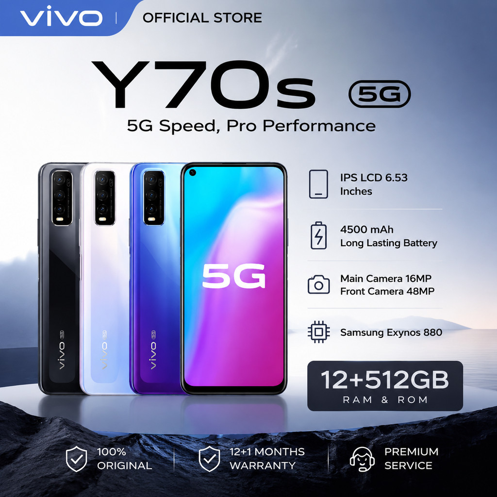 VIVO Y70s 5G RAM 12/512 & 8/256 | Layar 6,44” AMOLED FHD+ | Kamera 48MP AI Triple | Baterai 4100mAh | Smartphone 5G Performa Stabil