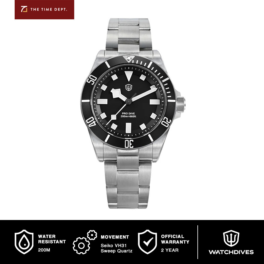 watchdives WD1969 Pro Duikhorloges VH31 Sweep Second Quartz Horloge 38 mm Saffierglas Luxe Polshorloge 200 m Duikhorloge voor Heren, blauw/vierkante indexen, armband