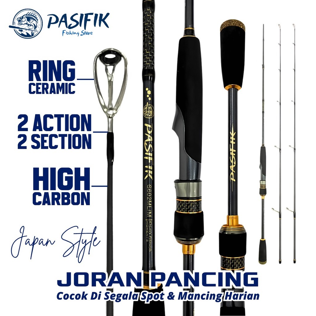 PASIFIK Joran Pancing Spinning High Carbon Premium Hitam Gold 2 Action M ML Ceramic Guide Reel Seat Heavy Duty Super Sensitif dan Kuat
