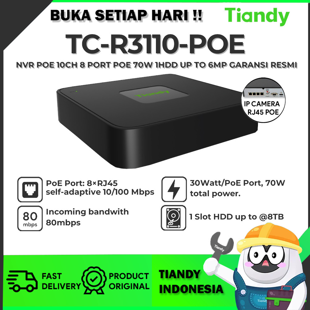 Jual TIANDY TC-R3110-POE NVR POE 10CH 8 PORT POE 70W 1HDD UP TO 6MP ...
