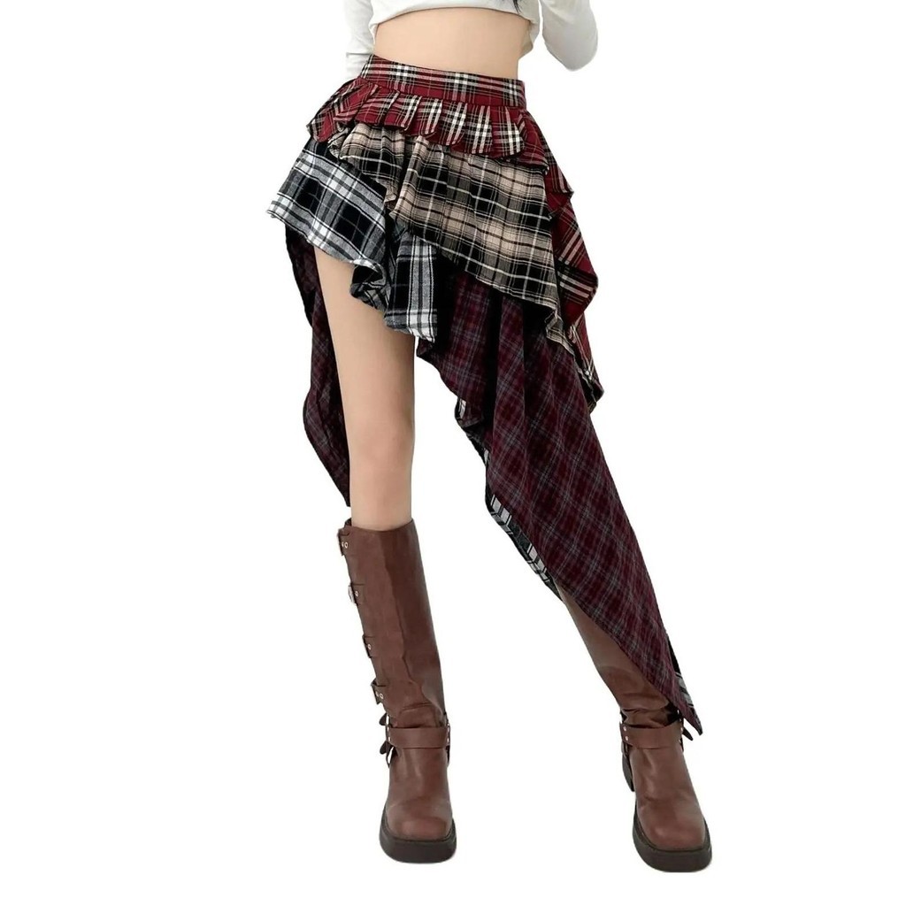 Jual [WK OUTLET] Rok Boho Asimetris Plaid Kotak Tartan – Model Layer ...