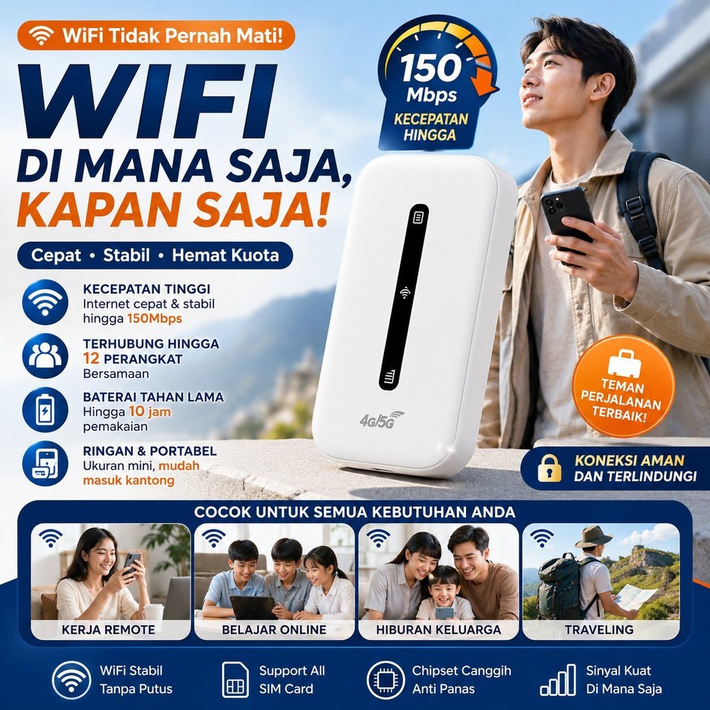 Modem Router WiFi 4G LTE 5G/Modem WiFi Portable USB/Smartcom Modem WiFi 5G/Router Baterai 1500Mbps/Modem Untuk HP Android/WiFi LTE 4G/Modem WiFi 5G Telkomsel