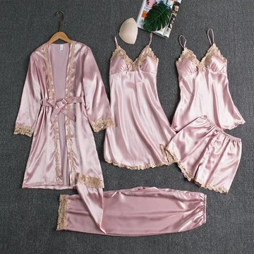 Pajamas Silk 5in1 Seserahan Set Sexy Kimono Renda Baju Tidur Impor 1 Set 5Pcs Satin Premium