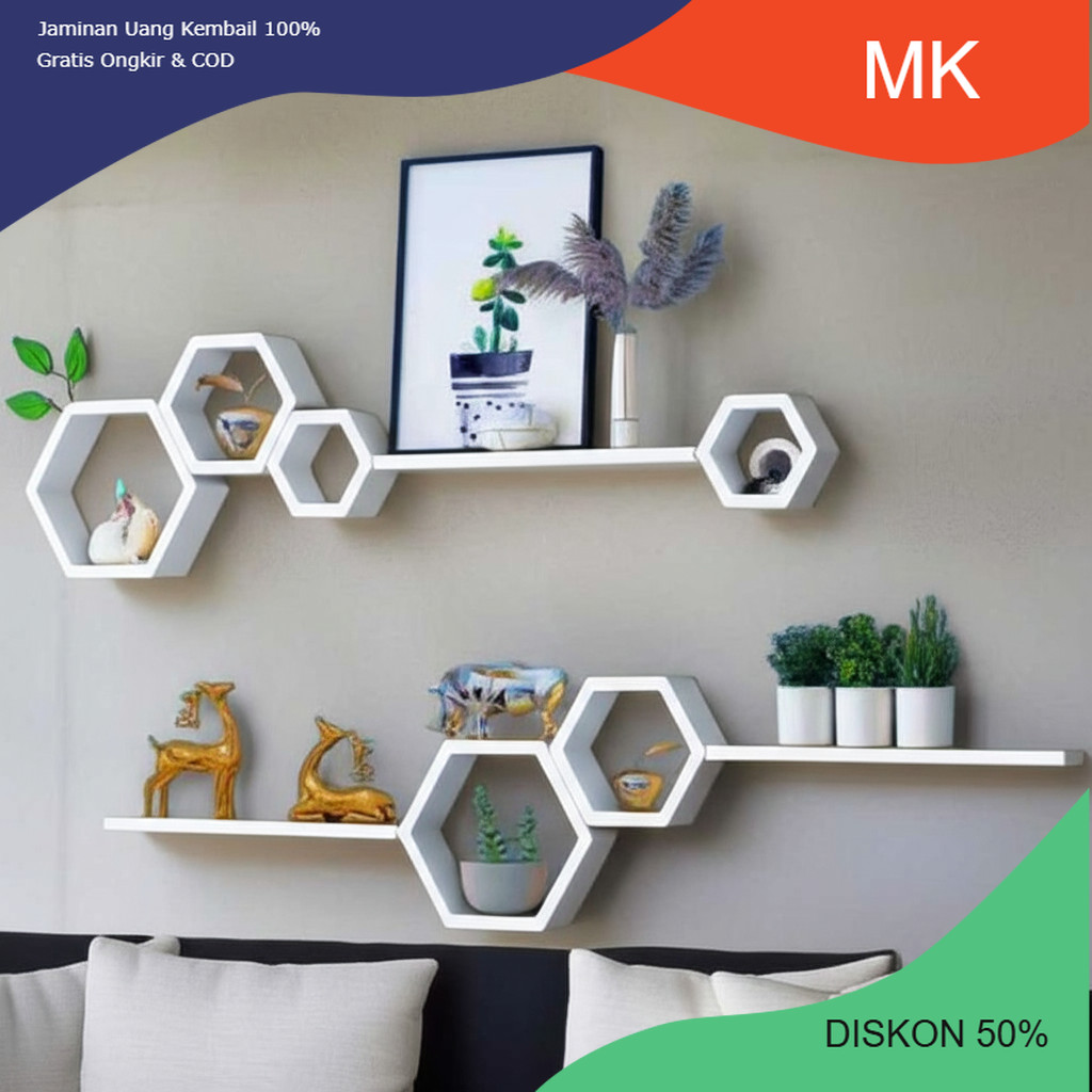Rak hexagonal dinding hexagonal 1set ambalan hiasan dinding rak hexagonal estetik kayu pajangan kayu