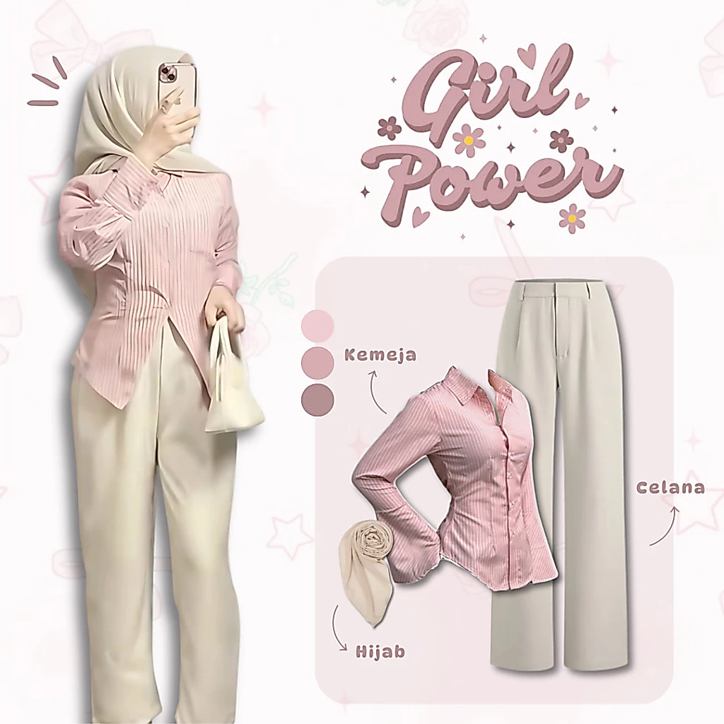 3in1 Setelan Outfit Simpel Korean Style | Kemeja Fitted Salur Pink + Loose Pants Highwaist  Ivory + Hijab Bella Square Ivory | One Set Wanita Casual Daily Look Remaja Dewasa Kekinian - UC69