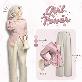 3in1 Setelan Outfit Simpel Korean Style | Kemeja Fitted Salur Pink + Loose Pants Highwaist  Ivory + Hijab Bella Square Ivory | One Set Wanita Casual Daily Look Remaja Dewasa Kekinian - UC69