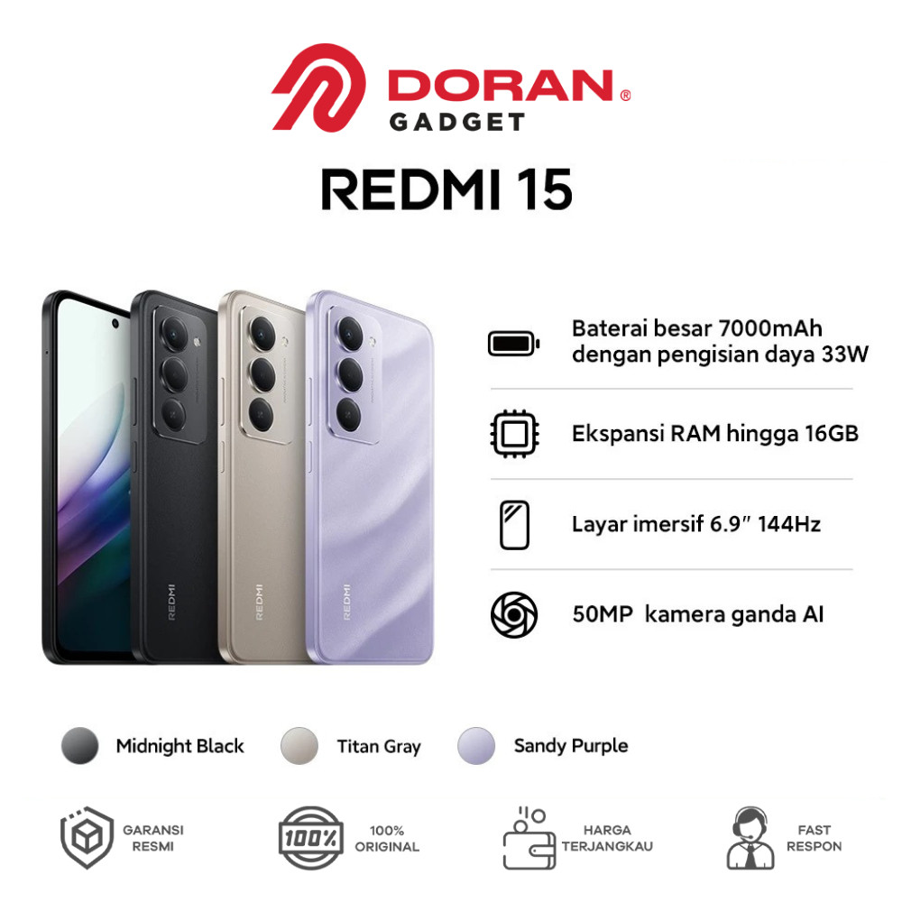 Xiaomi Redmi 15 (8GB/128GB) (8GB/256GB) Baterai besar 7000mAh dengan pengisian daya 33W | Ekspansi RAM hingga 16GB