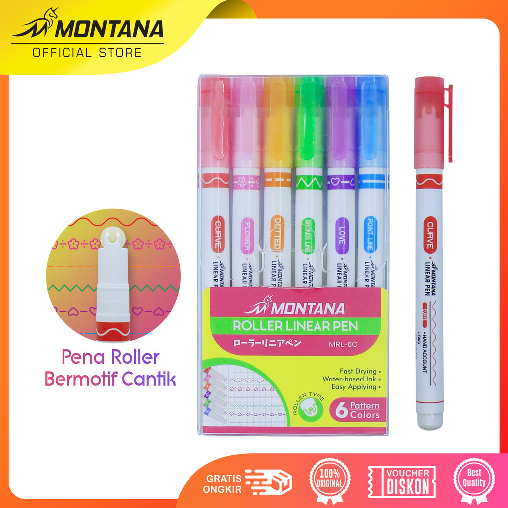 Jual MONTANA Roller Linear Pen Set 6Pcs Line Shapes Colorful Drawing ...