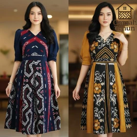 Baju Tenun Dress Tenun Premium Wanita Elegan Setelan Wanita Midi Acara Natal Formal