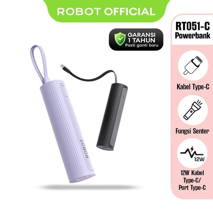 ROBOT Powerbank RT051-C Mini Travel Size / 5000mAh 18.5W / Kabel Type-C dan Fungsi Senter - Black / Garansi Resmi 1 Tahun
