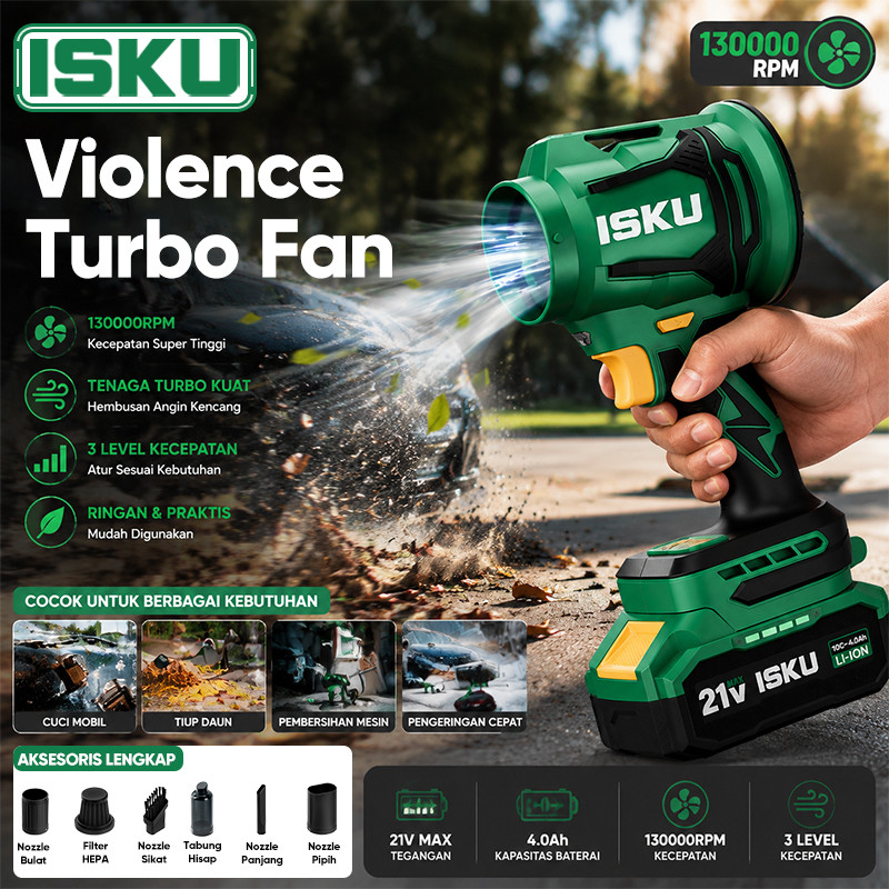 ISKU Turbo Jet Blower Cordless 21V Mesin Angin Portable Tanpa Kabel 28000RPM Tiup Hisap 2 In 1