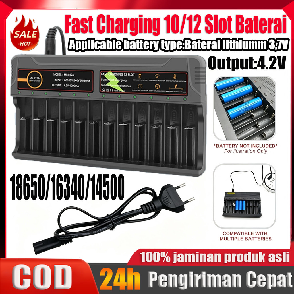 Jual 12 & 10 Slot Charger Baterai Universal For 18650 14500 16340 18500 ...
