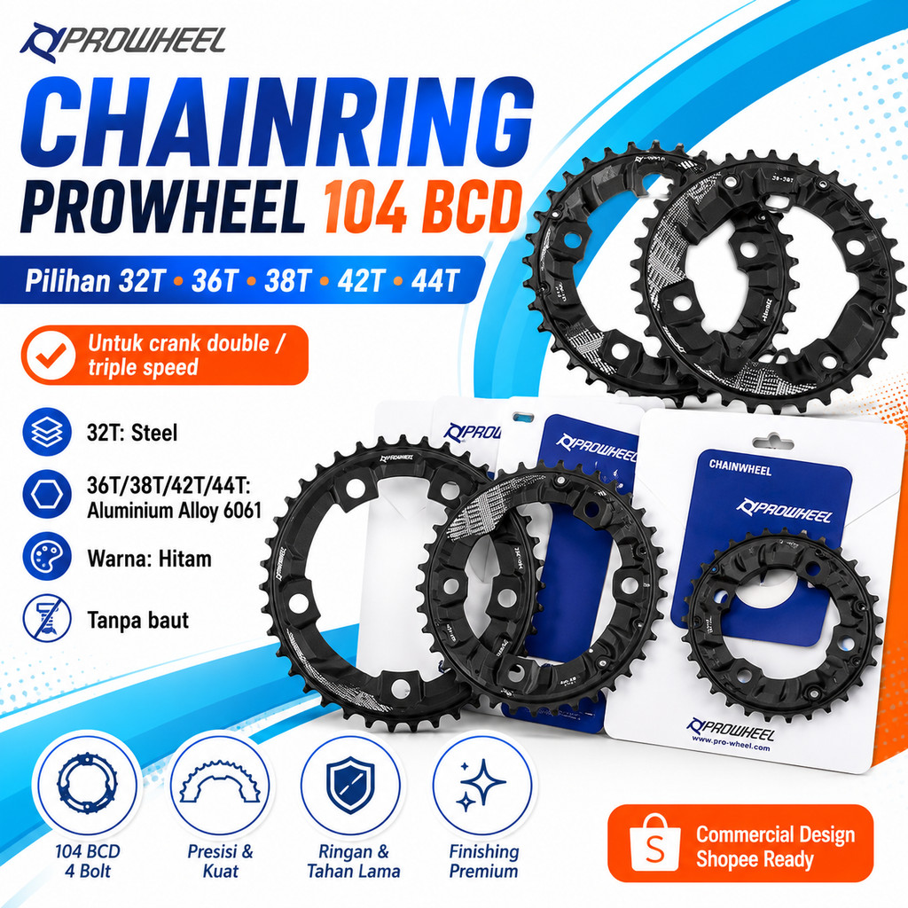Jual Chainring Prowheel 36T 38T 42T 32T 104 BCD 44T BCD untuk double ...