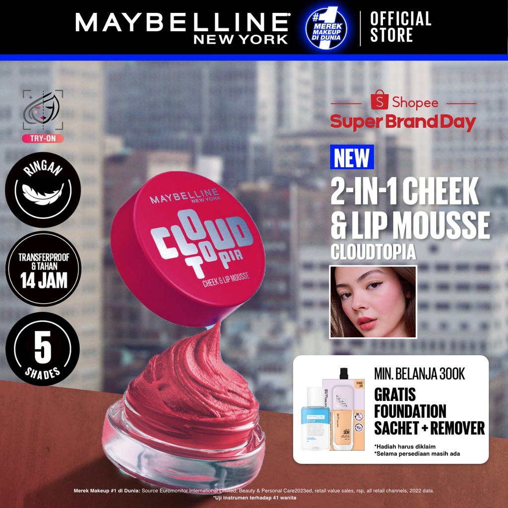 [MAYBELLINE OFFICIAL] Cloudtopia Cheek & Lip Mousse Shade 03 - Tahan 14 Jam 2-in-1 multi use blush lipstick lipcream instant color matte transferproof pigmented blendable