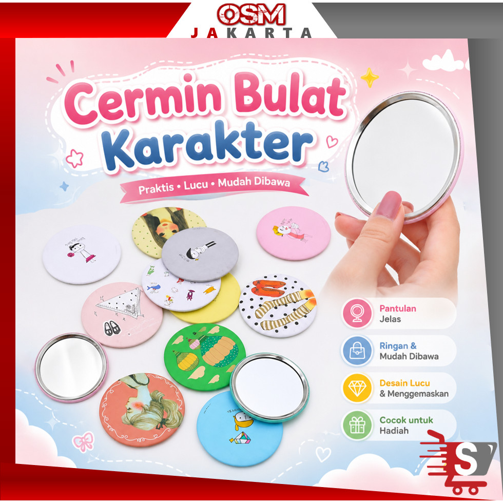 OSM JKT F498 Cermin Bulat Karakter/Kaca Cermin Make Up Mini/Travelling Motif