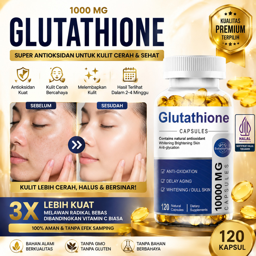 efek samping glutathione kapsul [Produk Original] 1000MG Capsules Whitening Skin Brightening Anti Aging Antioxidant Suplemen Kecantikan Wanita Skin Beauty Glowing 120 Drinking Daily Intake Milk