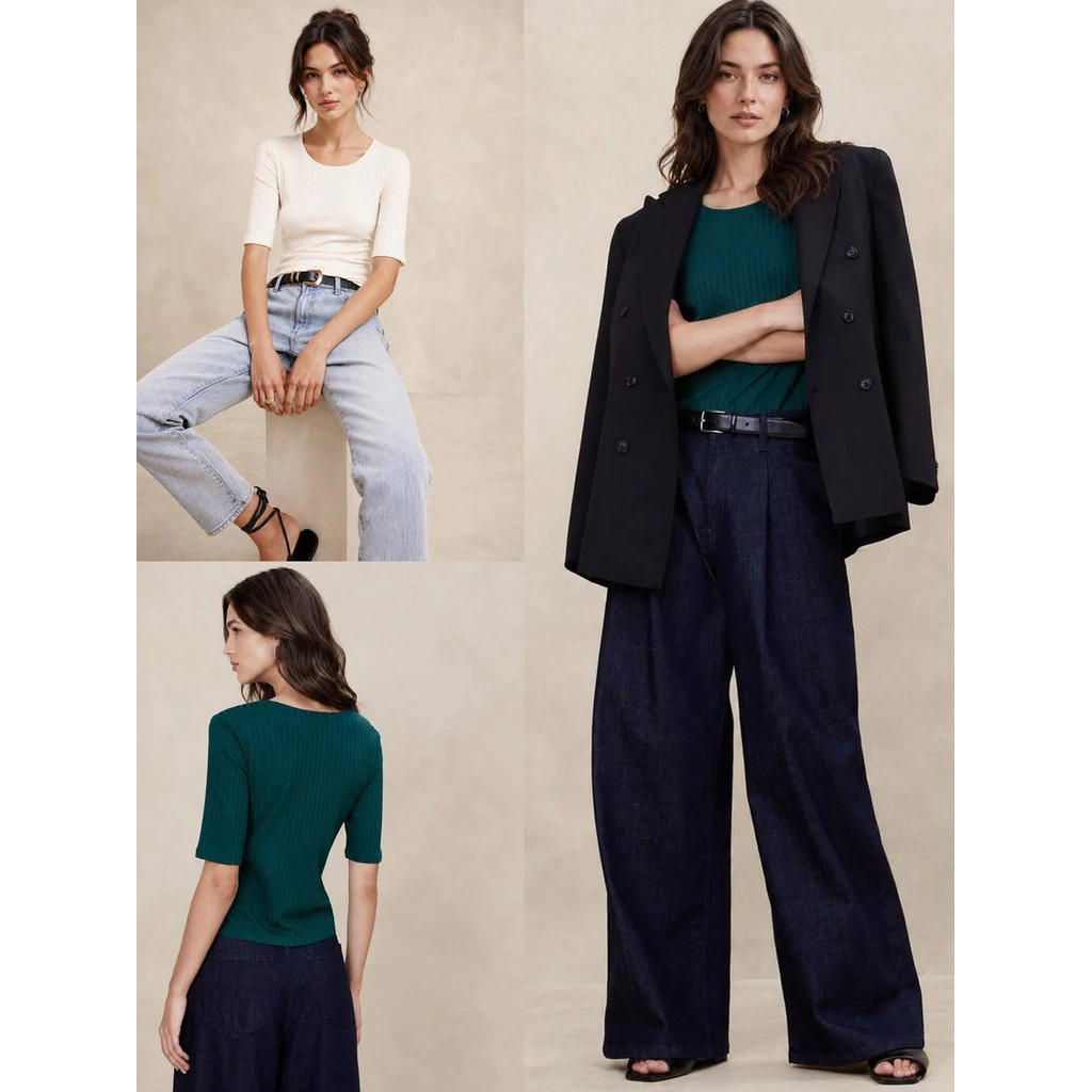 Atasan Lengan Pendek Wanita BR Wide-Ribbed Elbow-Sleeve Top - 2972