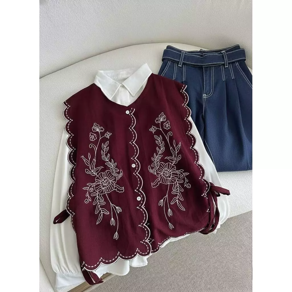 Vallina Outfit - Kemeja Look Korean Alina Blouse Airflow Premium Vest Bordir Kekinian Casual Elegan